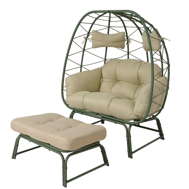 Double Patio Egg Chair with Ottoman, Wicker Outdoor Egg Chair with Cushion, 2 Person Lounge Chair with Footrest for Balcony, Garden and Backyard