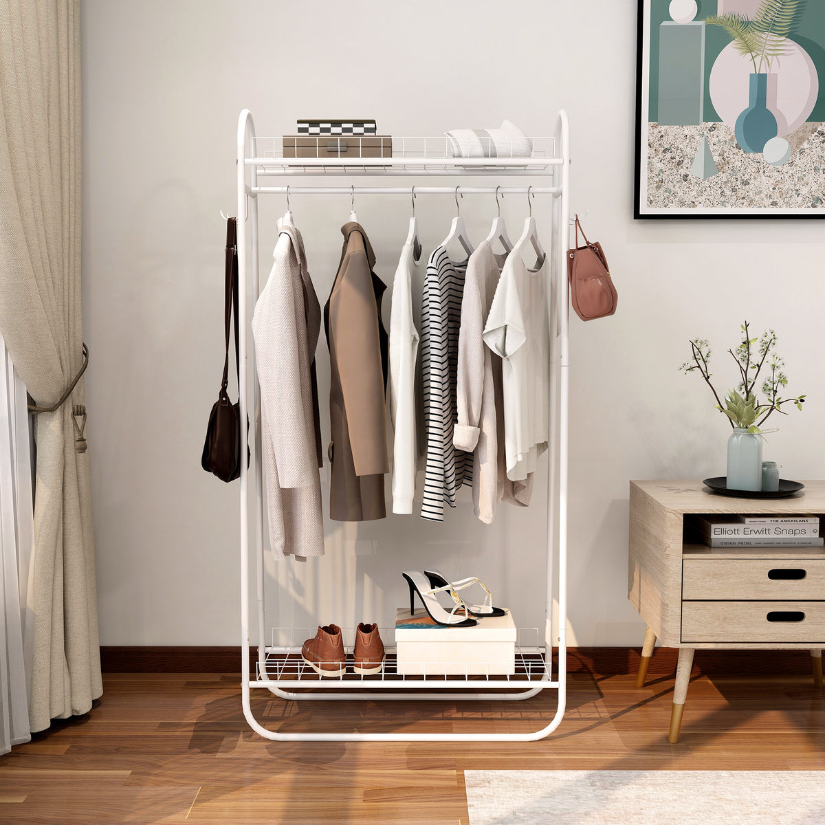 Garment Rack Freestanding Heavy Duty Clothing Rack, Metal Rolling Clothes Rack with Double Shelves, Portable Wardrobe Rack for Hanging Clothes