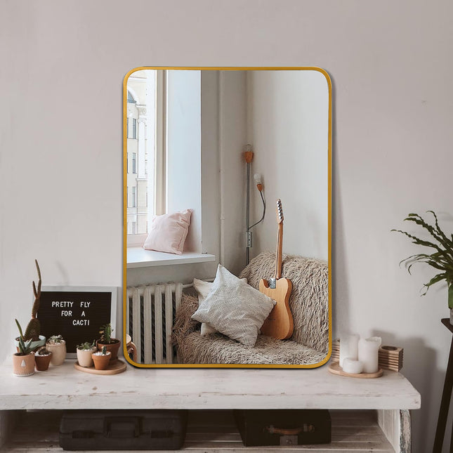 24x32 Inch Gold Metal Framed Rectangular Bathrrom Mirror for Wall.