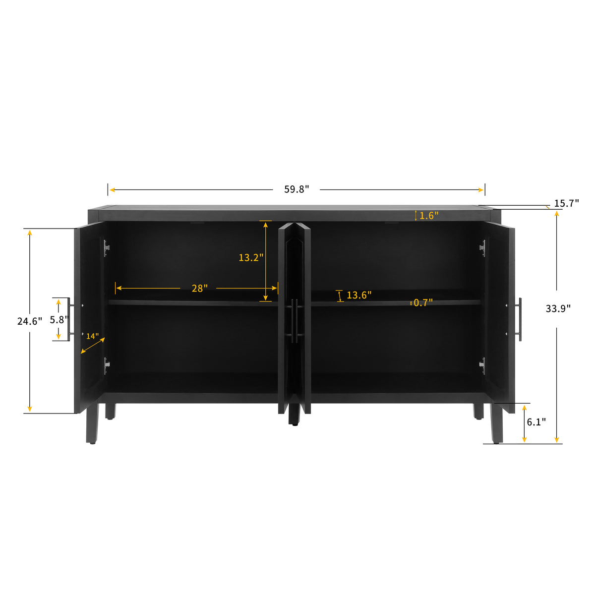 Grosvenor Twill-Panel Four-Door Sideboard, Black and Dark Walnut, 60 in