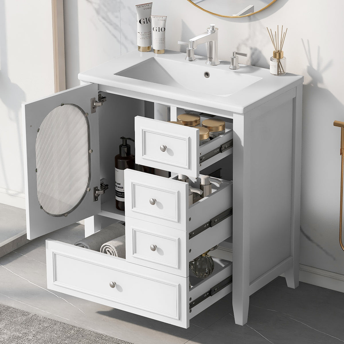 Giotto Three-Drawer Bathroom Vanity with Sink, White, 30 in
