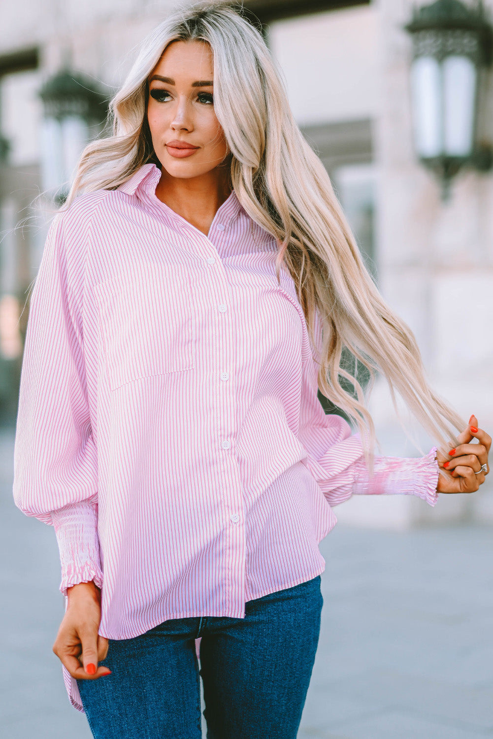 Light Blue Striped Casual Shirred Cuffs Shirt - Eloy Royal