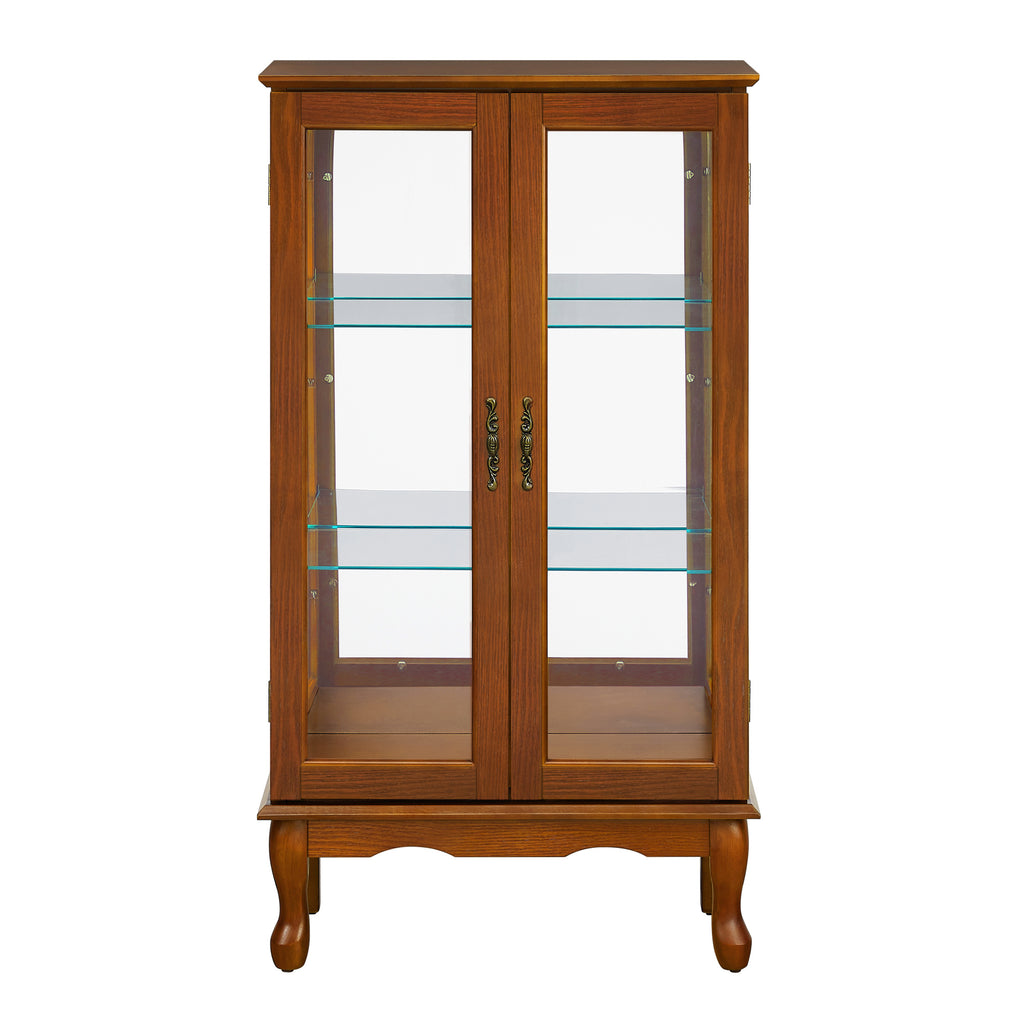Lighted Curio Cabinet with Adjustable Shelves, Mirrored Back Panel, and Tempered Glass Doors, 3-Tier Oak Finish
