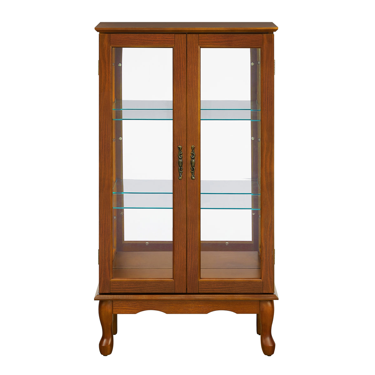 Lighted Curio Cabinet with Adjustable Shelves, Mirrored Back Panel, and Tempered Glass Doors, 3-Tier Oak Finish