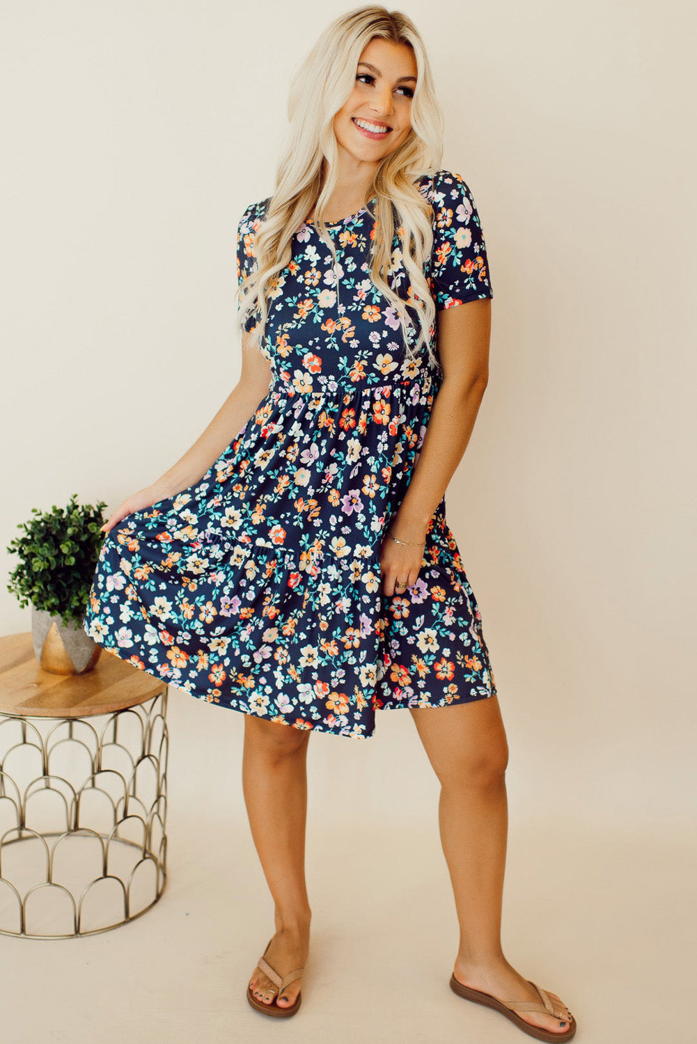 Blue Boho Floral A Line Smocked Waist Mini Dress - Eloy Royal