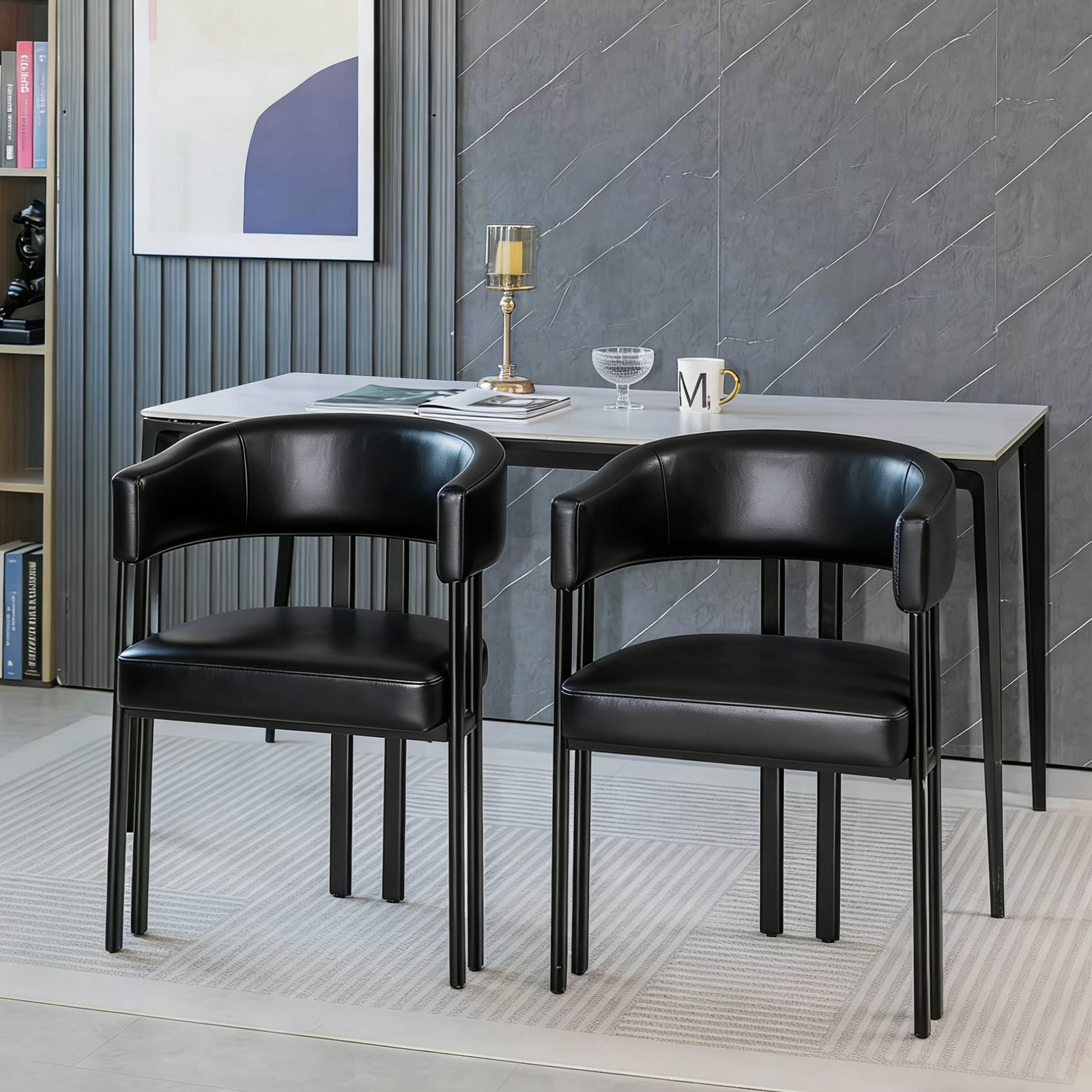Modern Dining Chairs Set of 2, Faux Leather Upholstered Barrel Dining Room Chairs with Integrated Curved Back And Armrests , Metal Frame Chair for Kitchen Living Room Restaurant, Black