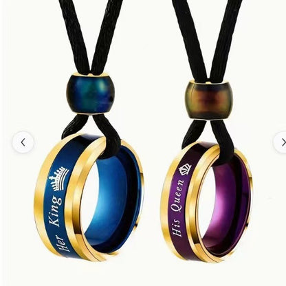 Creative Color Changing Round Beads Blue Purple Couple Couple Rings Necklace