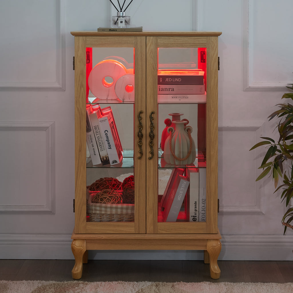 Elegant Light Oak Curio Cabinet with Tempered Glass Doors, LED Light, Mirrored Back Panel & Adjustable Shelves – Perfect Display Storage for Home & Office