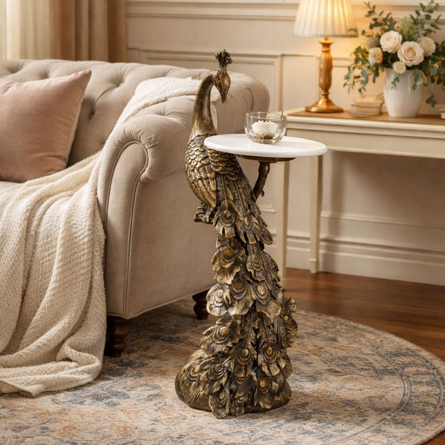 Peacock Side Table with White Marble Top Decorative Sculptural End Table Aluminum Base Antique Brass Accent Table for Living Room 10x10x29'