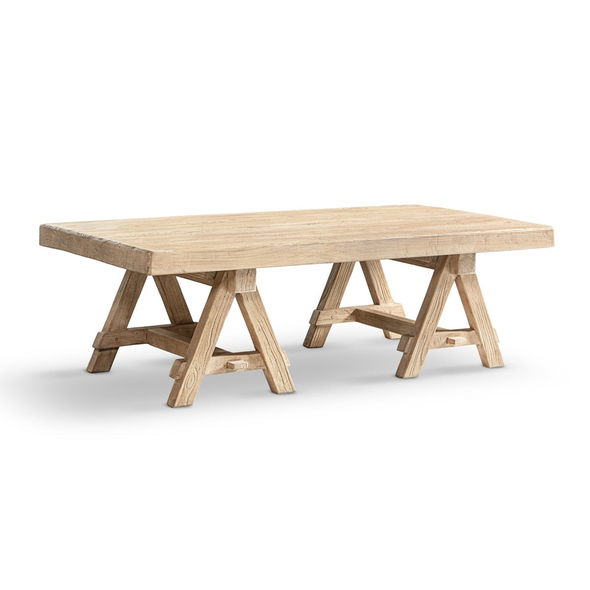 Hawthorne Solid Reclaimed Elm Rectangular Trestle Coffee Table, Heritage Light Natural Brown, 48 inches