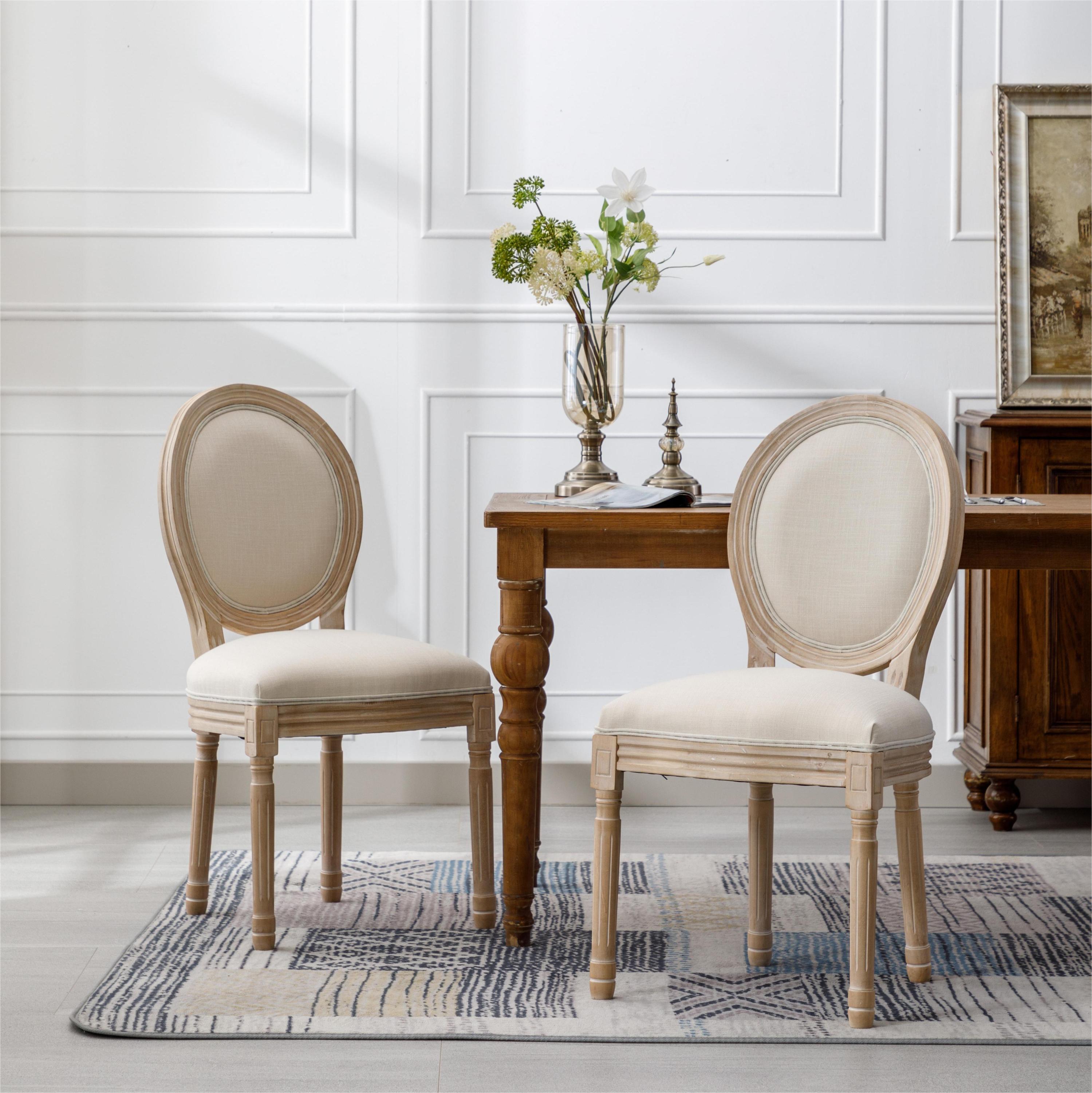 French Style Solid Wood Frame  Linen Fabric Oval Back Dining Chair,Set of 2,Cream