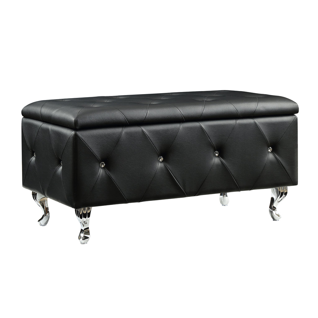 Black Tufted Bonded Leather Storage Bench with Crystal Decor, Upholstered Bedroom Bench Ottoman with Hidden Storage for Entryway Bed End Living Room