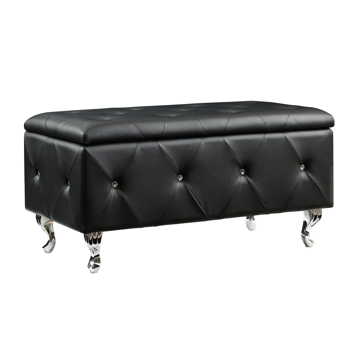 Black Tufted Bonded Leather Storage Bench with Crystal Decor, Upholstered Bedroom Bench Ottoman with Hidden Storage for Entryway Bed End Living Room