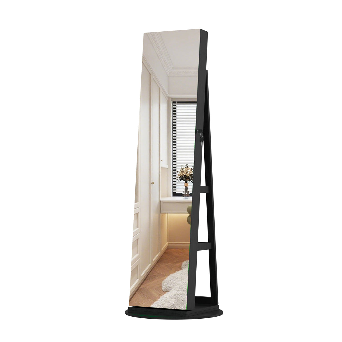 360°Swivel Jewelry Cabinet with Full Length Mirror, 360°Rotating Standing Jewelry Armoire Organizer, Lockable Storage Cabinet, Interior Lighted Mirror, Black