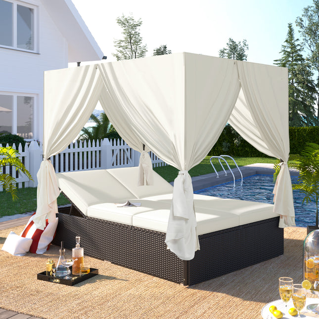 U_STYLE Outdoor Double Chaise Lounge Daybed with Curtains with Patio Outdoor Sunbed