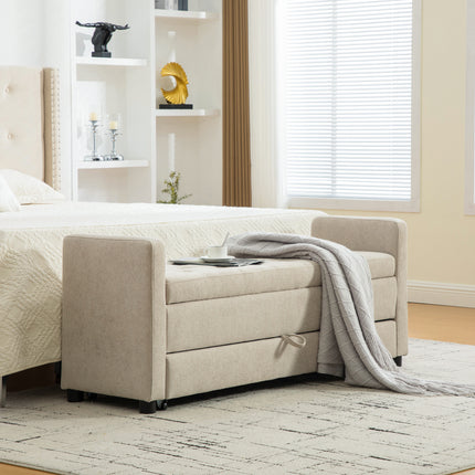 58.27' Wide Modern Upholstered Storage Bench With Double Storage Space, Napped fabric Foot Stool With Rolled Armrest For Living Room,Entryway,Dormitory,Bedroom,Griege