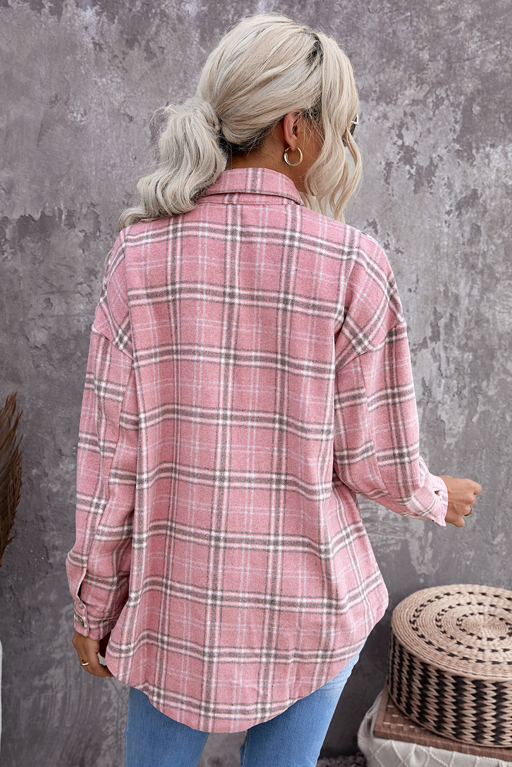 Wholesale Pink Plaid Casual Button Up Shirt Shacket with Slits - Eloy Royal