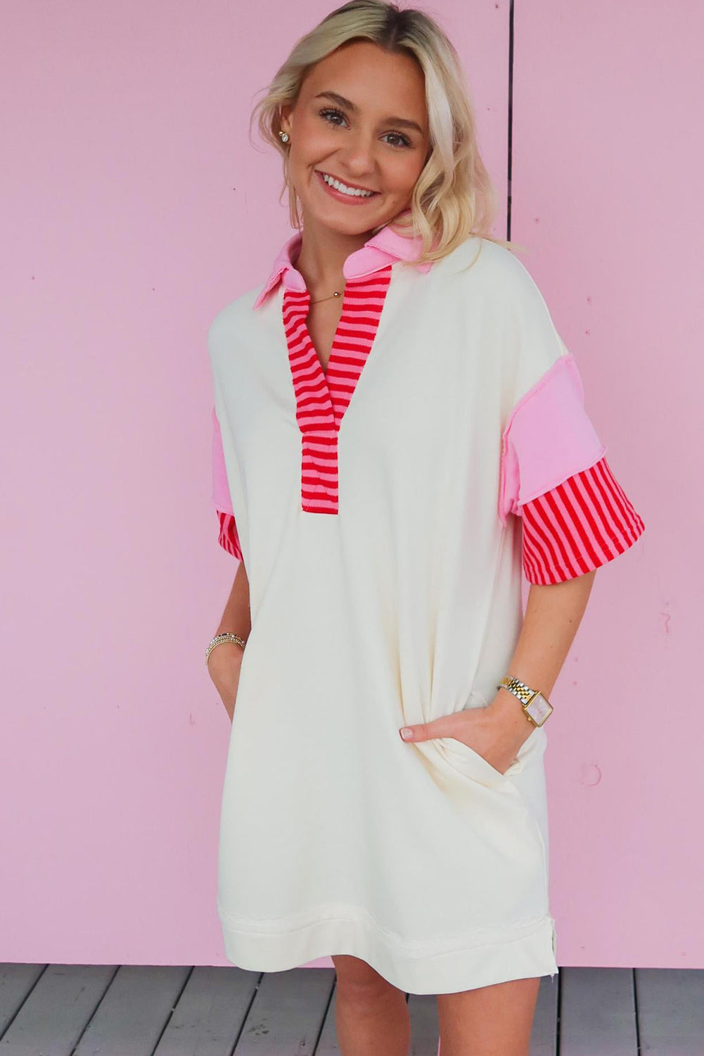 Pink Stripe Colorblock Sleeve Collared Mini Dress - Eloy Royal