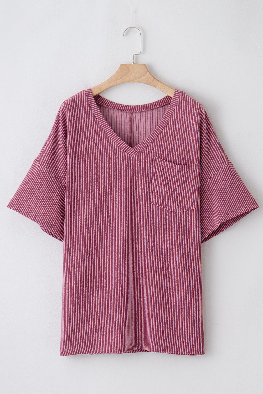 Rose Pink Textured V-Neck Dropped Shoulder Plus T-Shirt - Eloy Royal