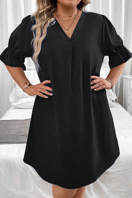 Black Ruffled Puff Sleeve V Neck Plus Size Mini Dress - Eloy Royal