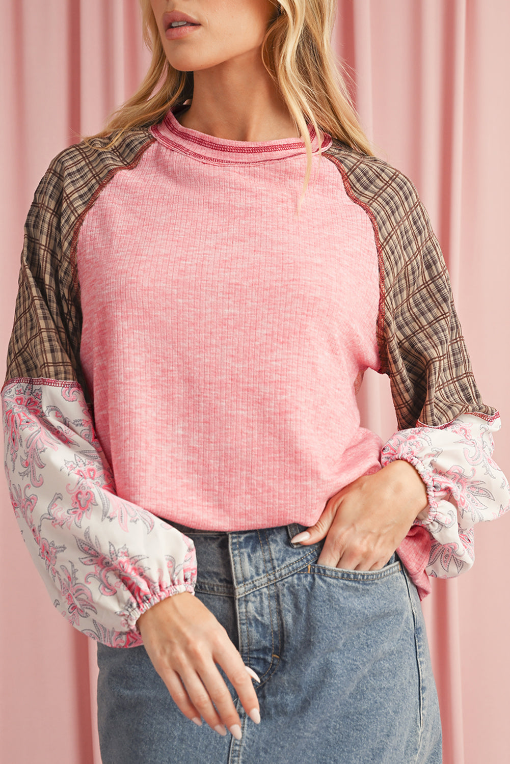 Fushia Floral Plaid Mixed Print Patchwork Raglan Ribbed Top