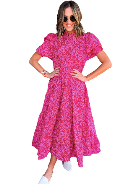 Rose Red Mock Neck Puff Sleeve Floral Tiered Maxi Dress - Eloy Royal