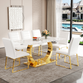 Marble patterned tempered glass dining chair set (gold decoration): 63 inch dining table+6 modern minimalist style dining chairs