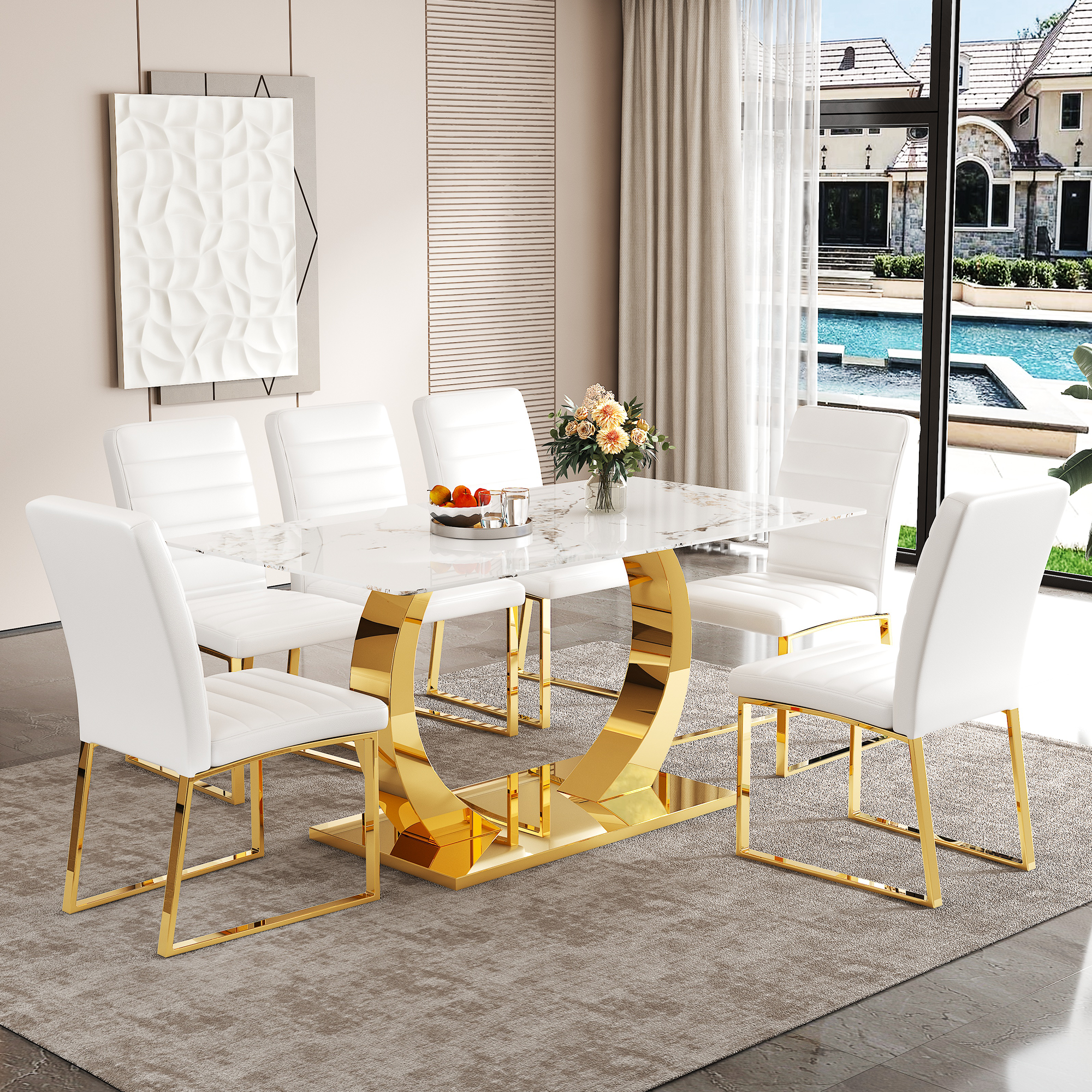 Marble patterned tempered glass dining chair set (gold decoration): 63 inch dining table+6 modern minimalist style dining chairs