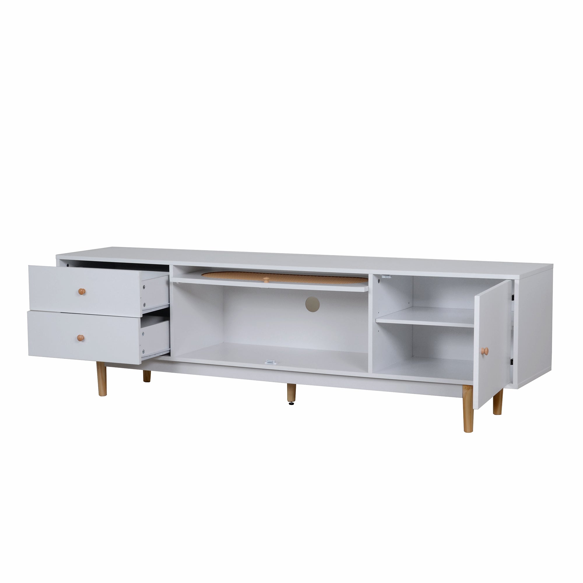 Minimalist 70 inch TV Stand with Drawers in White, Natural Wood and Rattan Accents, Supports TVs up to 80 Inches, MDF and Solid Wood Construction