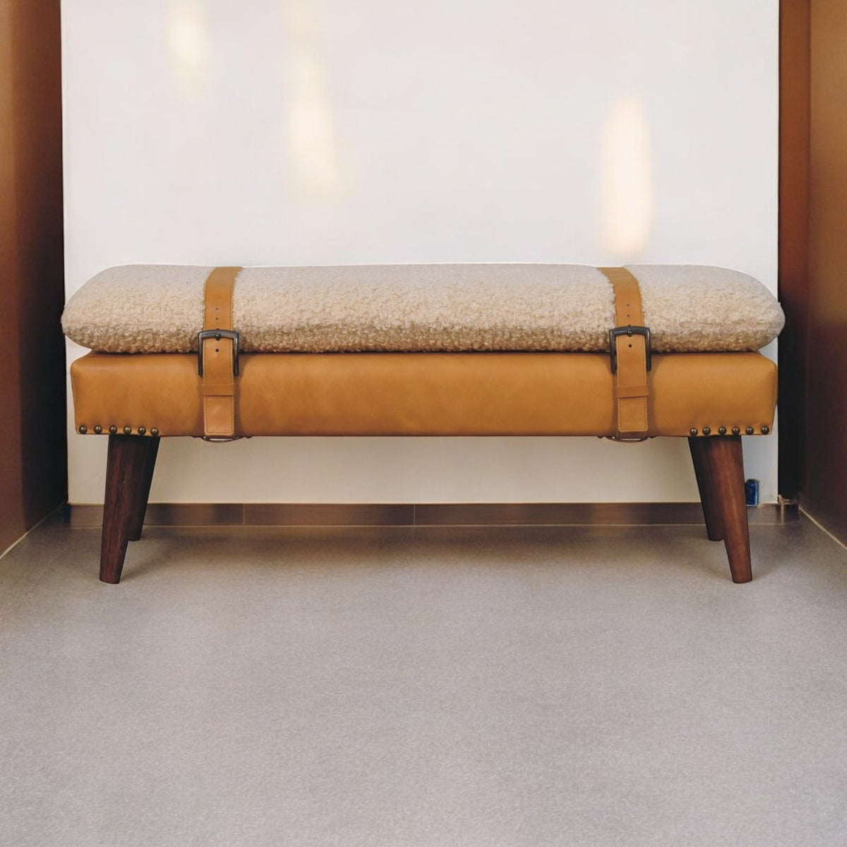 Solid Wood Boucle Tan Leather Bench, Nordic Legs, Tan and Beige