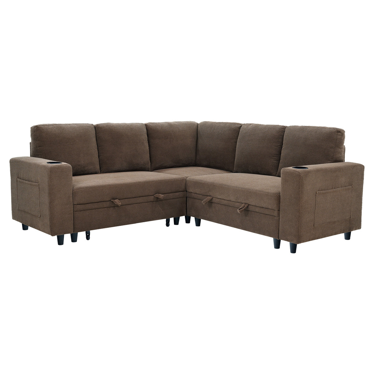 Nubby Upholstered L-Shape Sectional Sofa Bed with Pull-Out Sleeper and Storage in Coffee, Wood and Fabric Frame