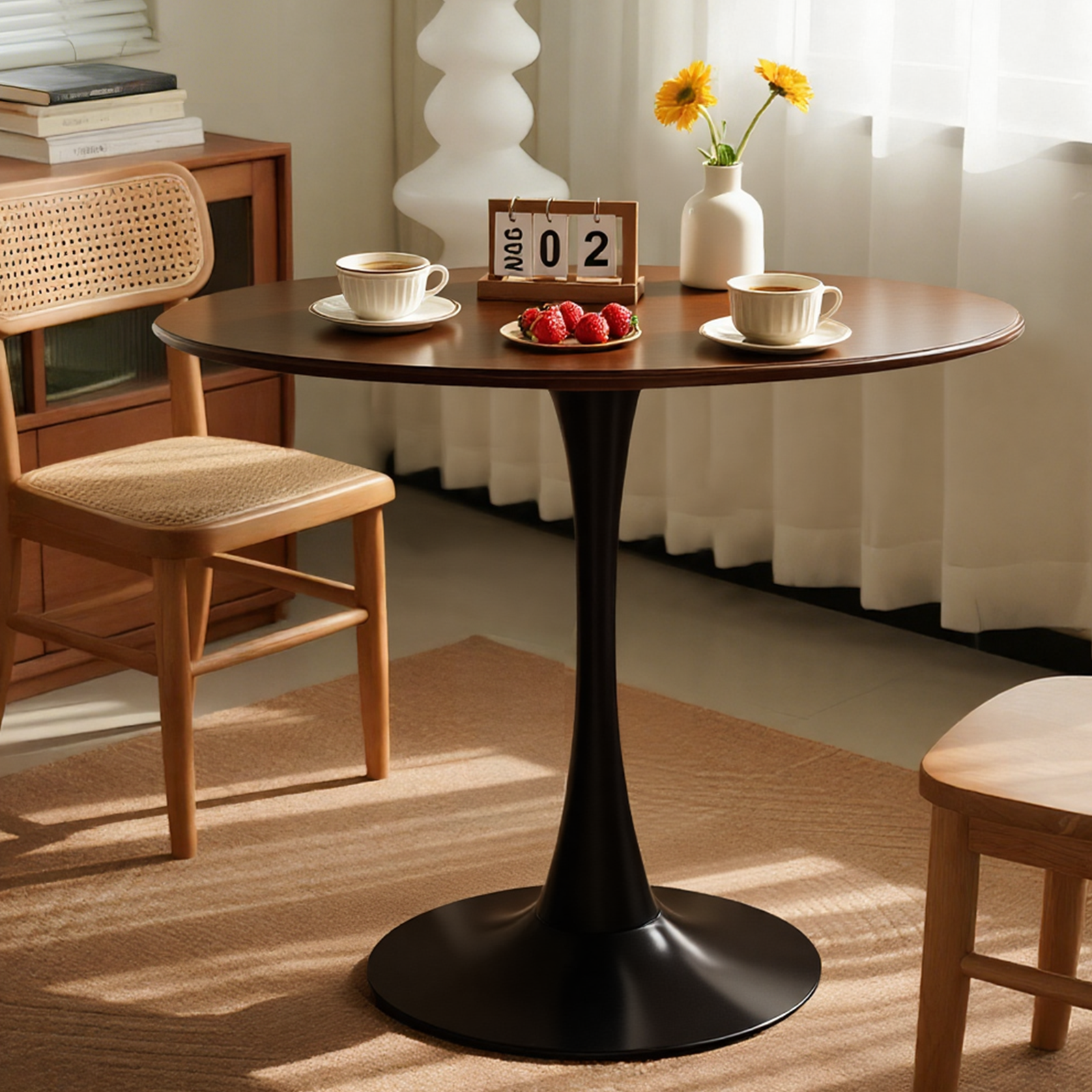 Light luxury walnut wood round table, elegant tulip steel base, modern medieval MDF 24-inch tabletop dining table, suitable for kitchen, dining room and living room, atmosphere coffee table, safety ro