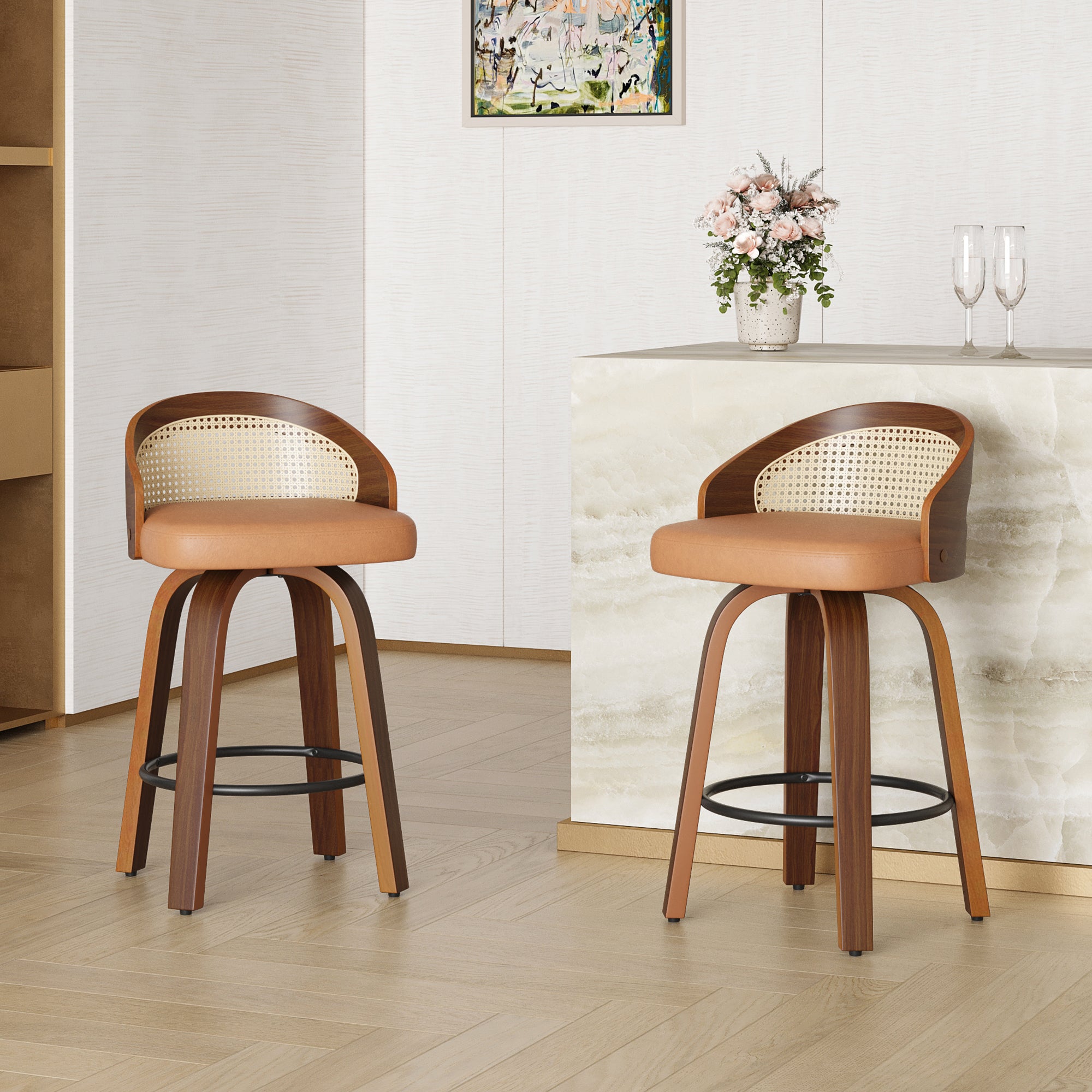 Swivel Bar Stools Set of 2, Modern Wood Frame with Rattan Back, PU Leather Stool for Kitchen Counter, Mid Century Upholstered Barstools with Footrest,Industrial Counter Height Stools
