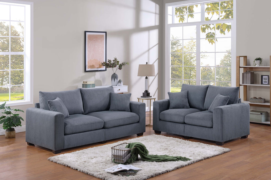 Contemporary Style 2pc Sofa Set 1x Loveseat 1x Sofa Set Cushion Back Matching Pillow Square Arms Wooden Legs Dark Gray Finish Primary Living Room