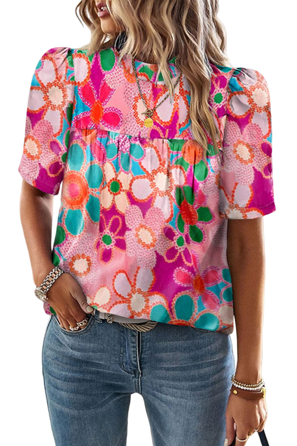 Purple Floral Print Crew Neck Short Sleeve Blouse - Eloy Royal