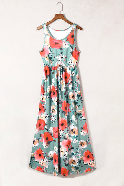 Green Floral Print Sleeveless Maxi Summer Tank Dress - Eloy Royal