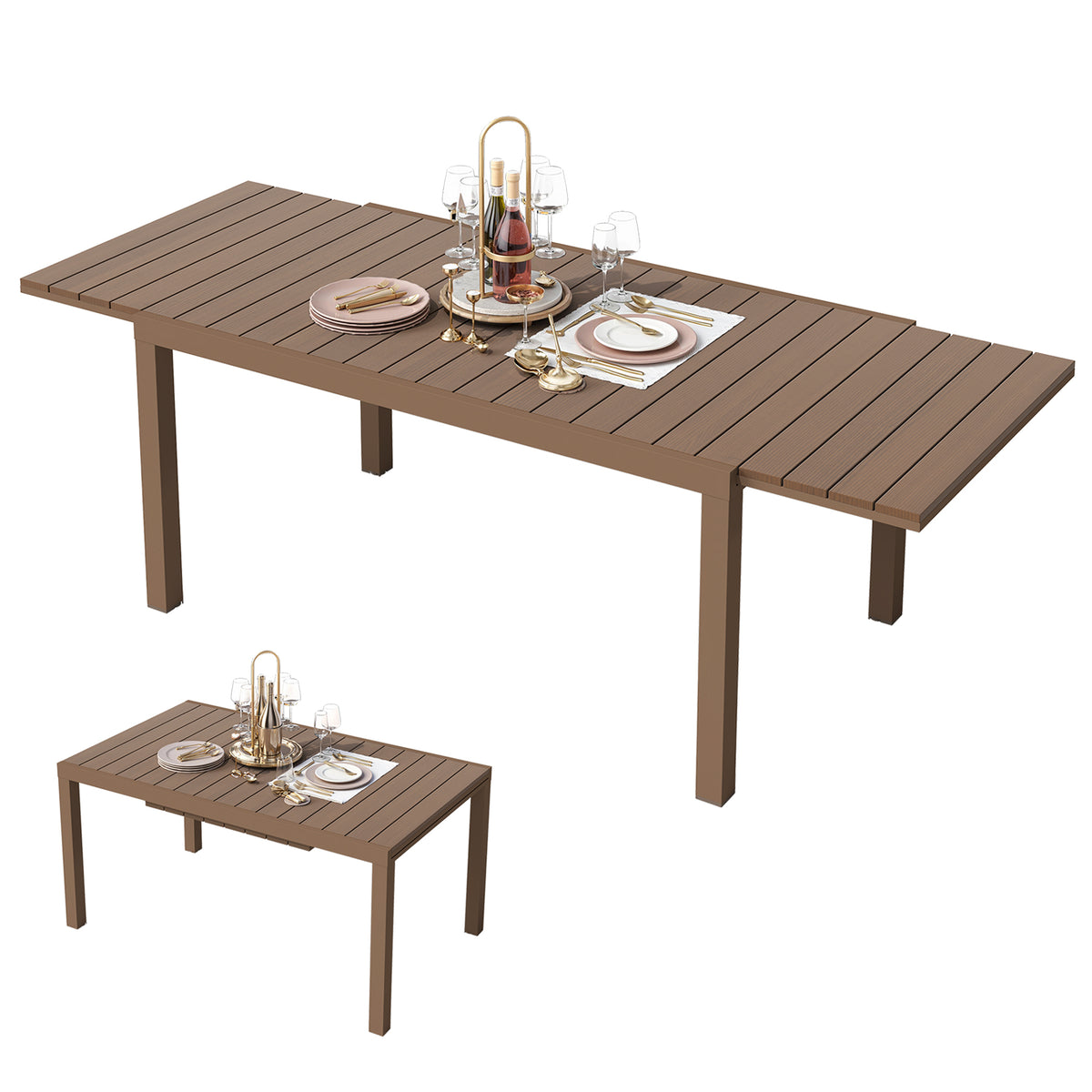 Expandable Patio Dining Table 60 to 83 Inches, Brown, Weatherproof HDPE/Aluminum Outdoor Table for 4-8 People