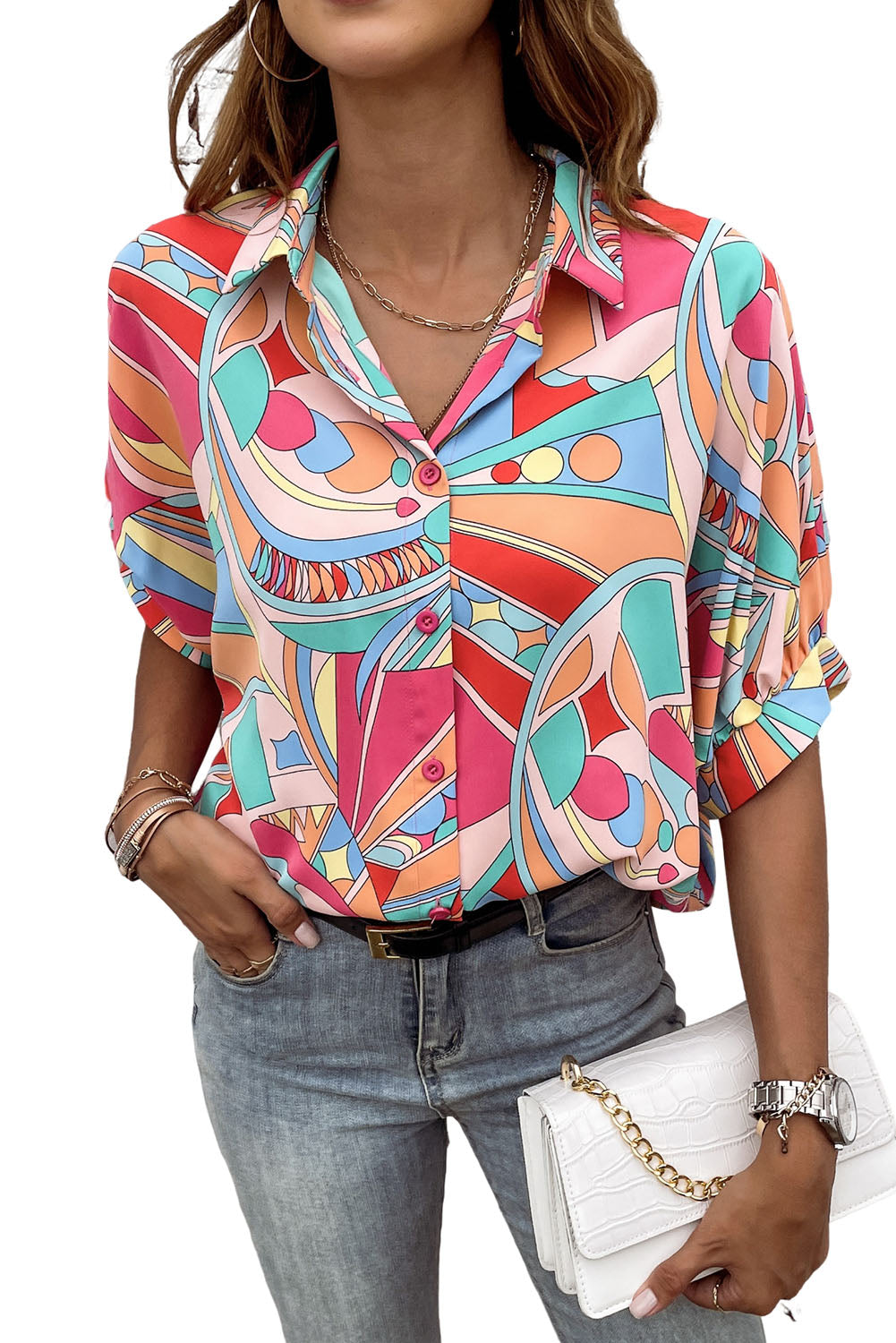 Multicolor Abstract Print Half Batwing Sleeve Loose Shirt - Eloy Royal