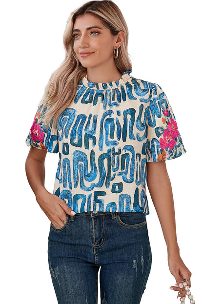 Blackish Green Abstract Floral Print Frilled Neck Puff Sleeve Blouse - Eloy Royal