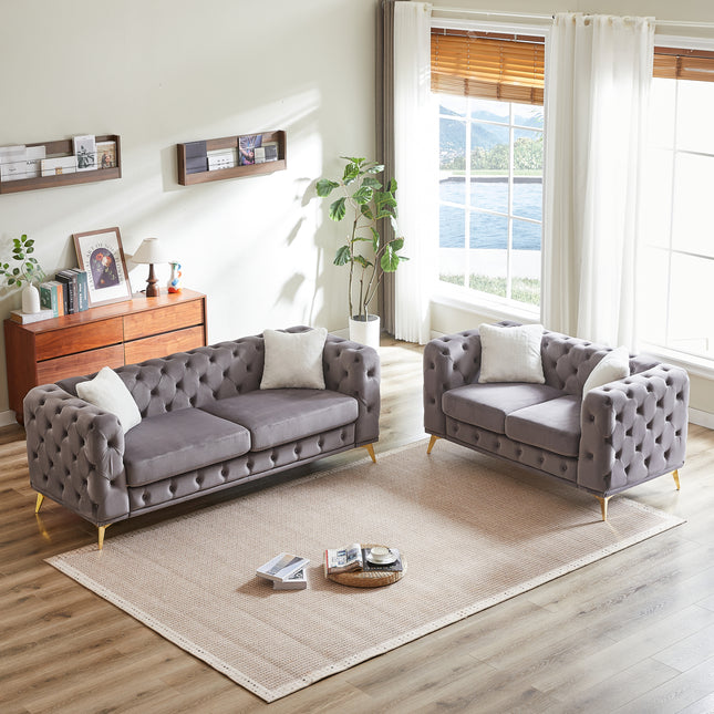 FX 3 seater + 2 seater combo sofa Velvet modern living room sofa with solid wood frame and metal feet, 4 cushions, apartment sofa furniture for living room, living room, office,grey