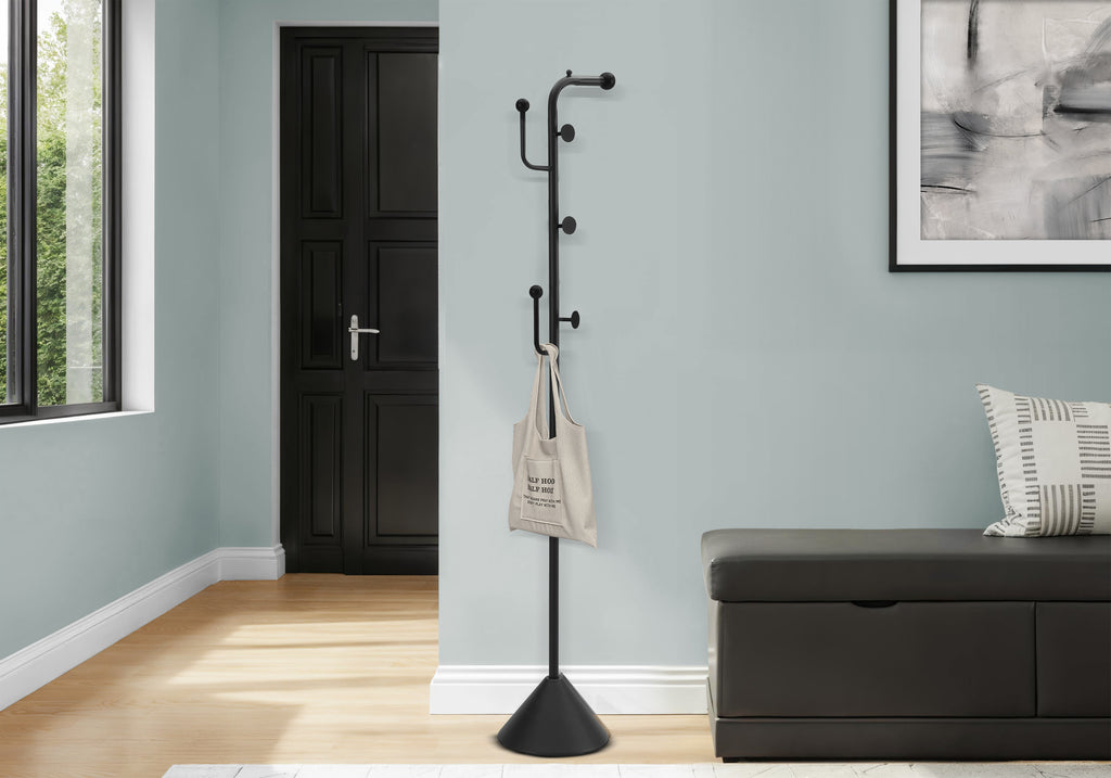 Coat Rack, 66'h, Hall Tree, 6 Hooks, Entryway, Bedroom, Black Metal, Contemporary