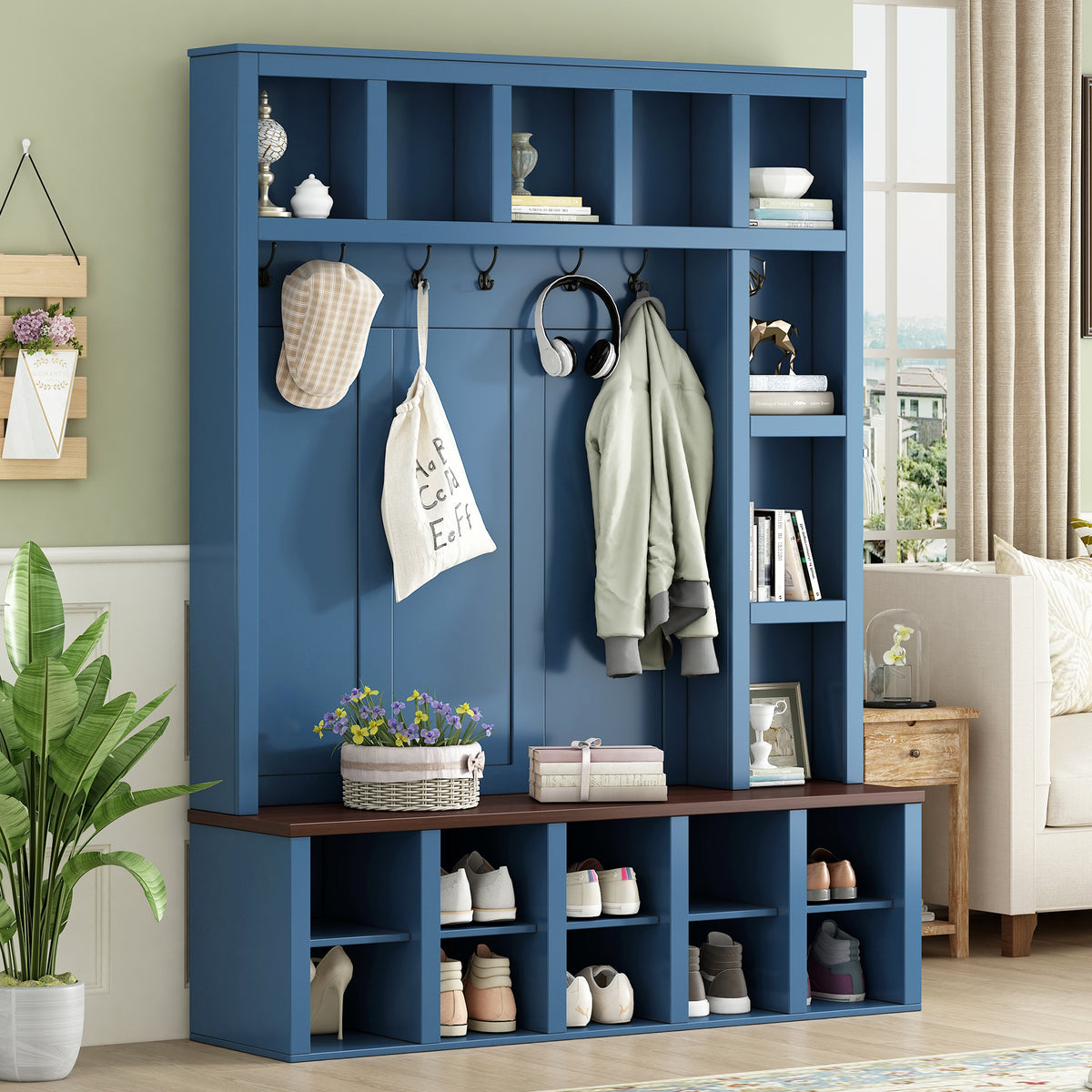Farmhouse Wooden Hall Tree with 6 Hooks, Walnut Storage Bench with Adjustable Shelves, 4-in-1 Entryway Shoe Cabinet with Cubbies for Mudroom, Living Room, Blue (New Color of N721S000044K-1/B-1)