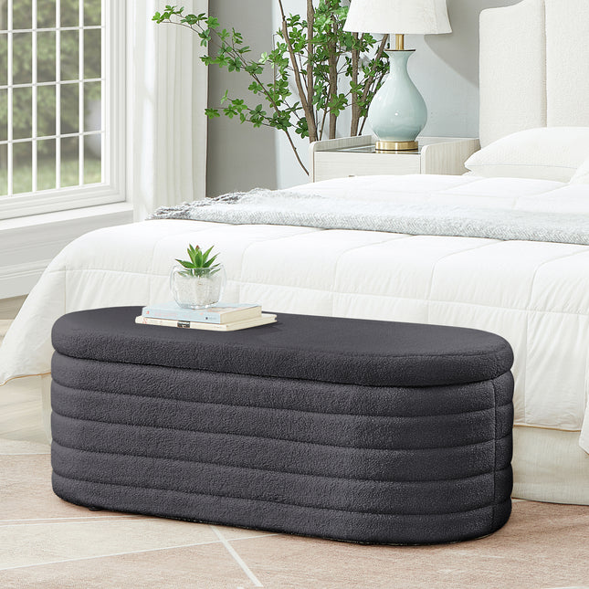 Modern Oval Storage Ottoman Bench, Upholstered Fabric End of Bed Storage Bench Aesthetic Large Foot of Bed Storage Bench for Bedroom Living Room Entryway