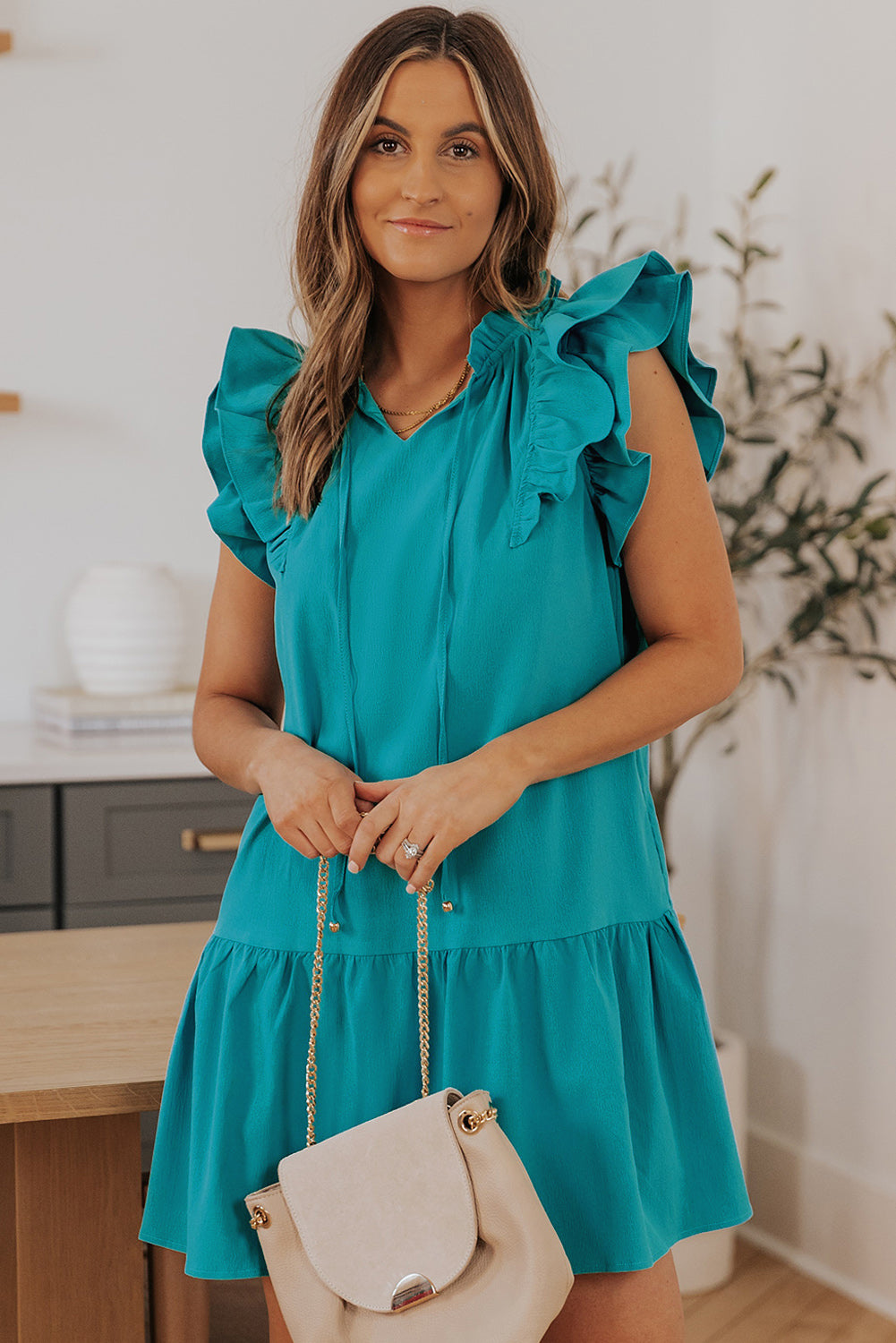 Green Tiered Ruffled Drawstring V Neck Short Dress With Pockets - Eloy Royal