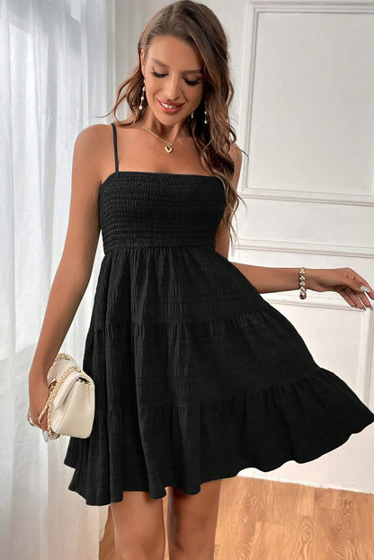 Black Smocked Textured Tiered Skater Cami Dress - Eloy Royal