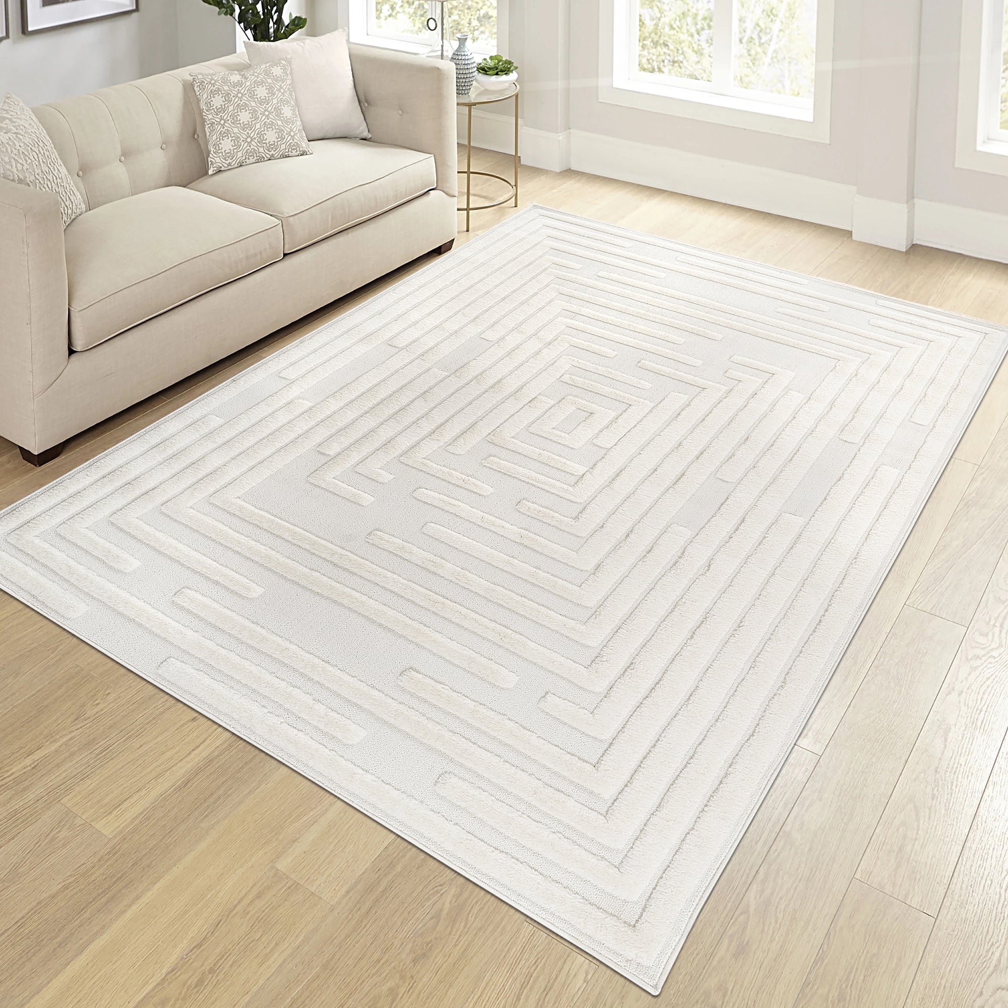 Step Collection High-Low Striped Cream Indoor Area Rug, 9'x12', Modern, Contemporary, Geometric, Bohemian, Bedroom, Kitchen, Living Room, Non Shedding Carpet