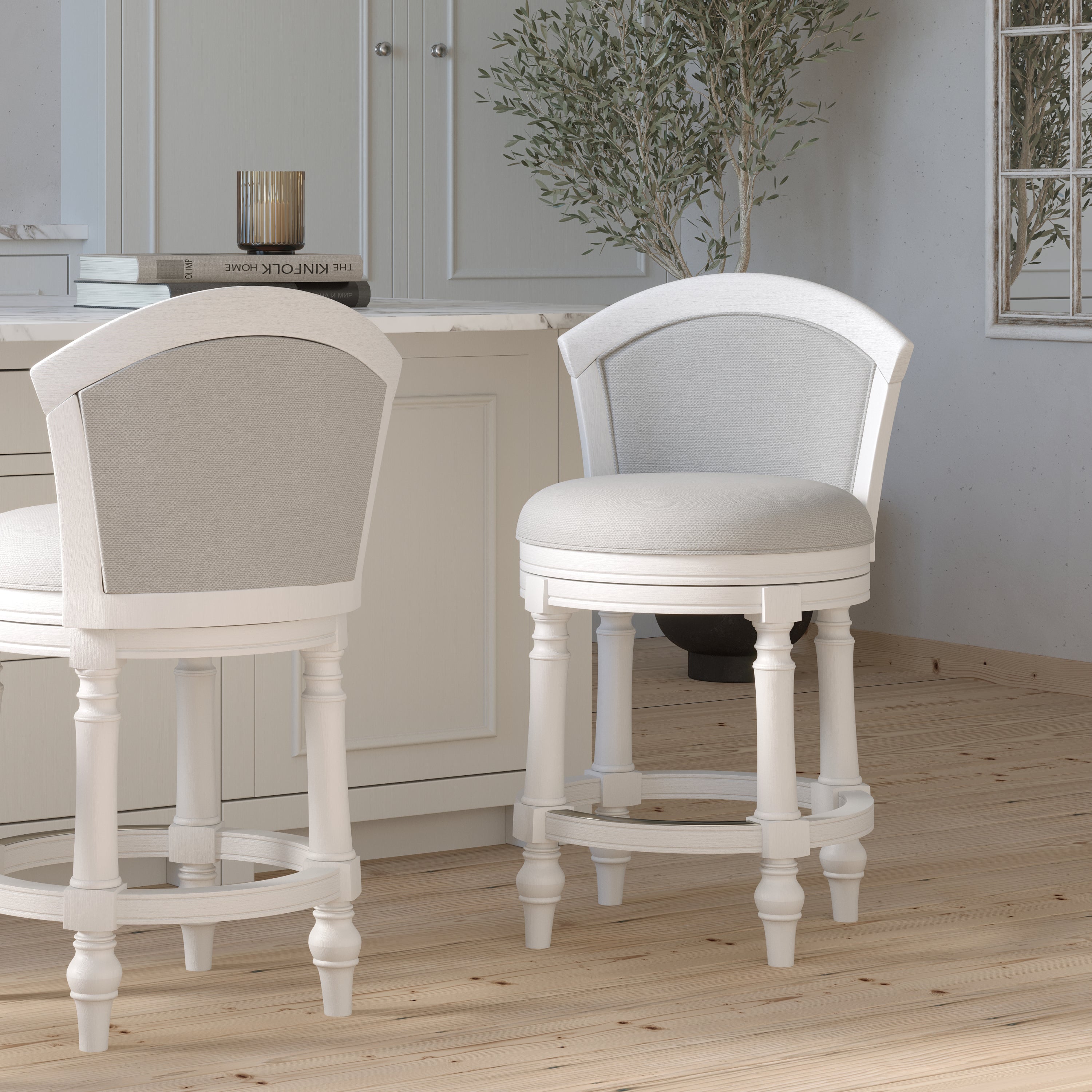 Emily 26' Wood Barrel-Back Counter-Height Bar Stool with Swivel and Upholstered Seat and Back, Farmhouse White with Light Gray Seat and Back