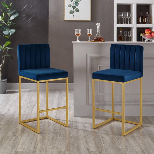 Modern Fashion Counter Height Stool Full Backrest and Sturdy Iron Legs, Set of 2 Versatile Bar Chair, Navy/Gold