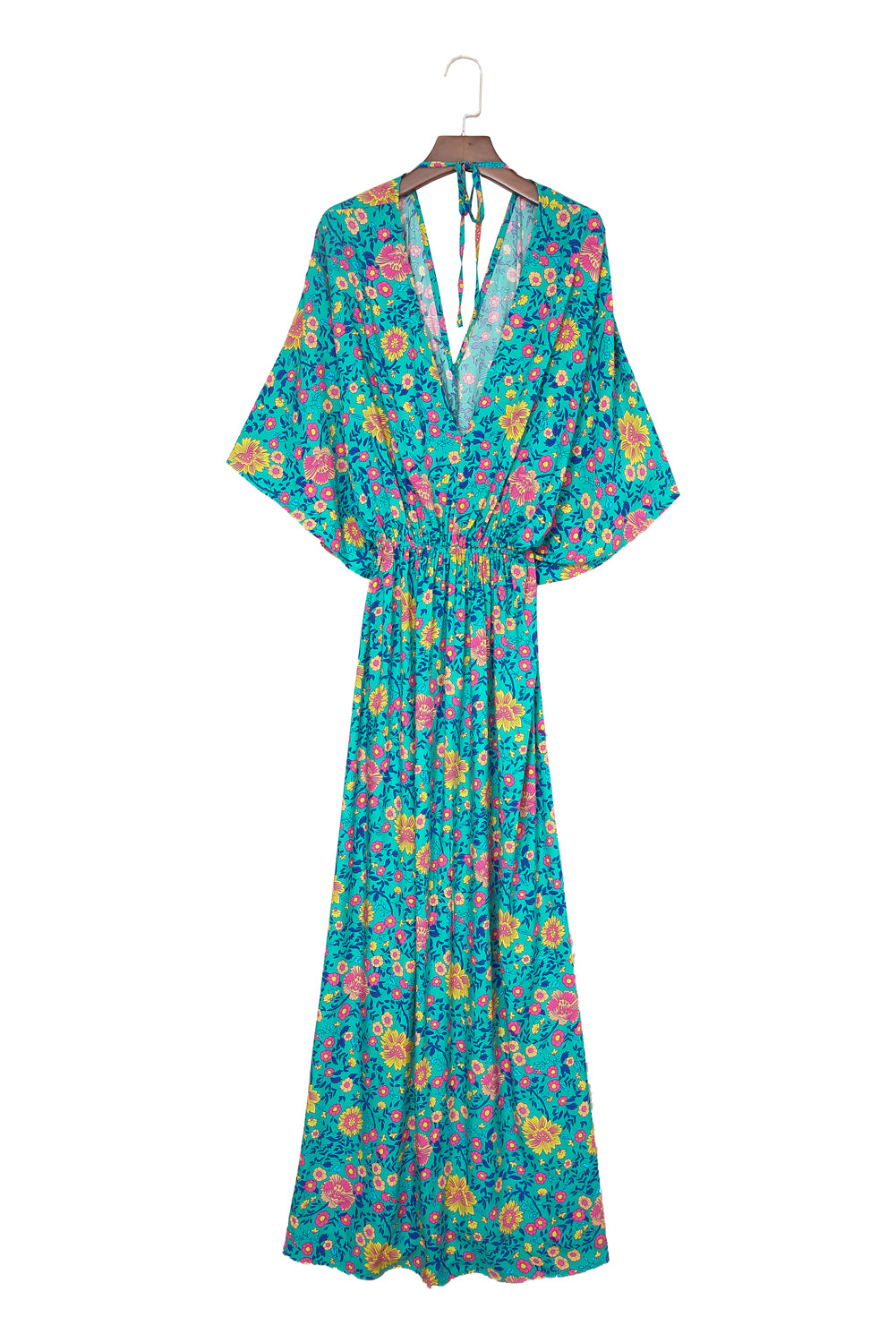 Floral Print Deep V Neck Flutter Sleeve Boho Maxi Dress - Eloy Royal