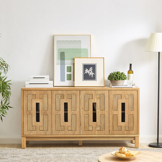 60.7' Mid Century Modern Sideboard Buffet Cabinet with Storage, TV Media Console Table with Carved Openwork Design, Storage Cabinet with 4 Doors & Adjustable Shelves for Kitchen Living Room Entryway